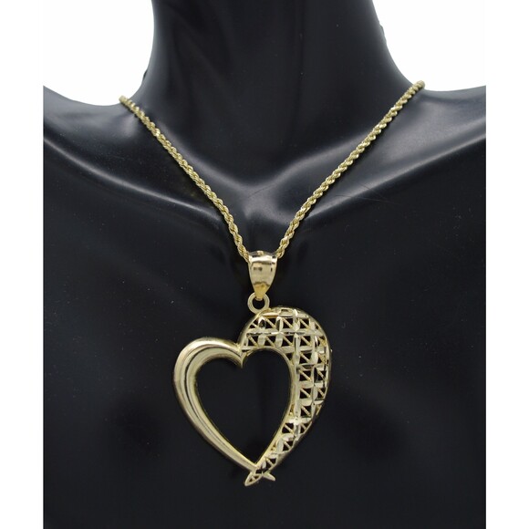 Real 10K Yellow Solid Gold Half Diamond Cut Heart Pendant + Rope Chain 16"-24" - Picture 1 of 8